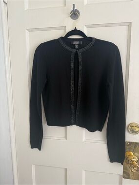 LAUNDRY by Shelli Segal Black Beaded Trim Cashmere Cropped Cardigan